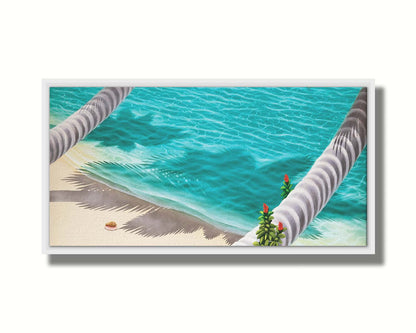 A painting of a white sand beach with growing palm trees and a singular conch shell. Printed on canvas in a float frame.