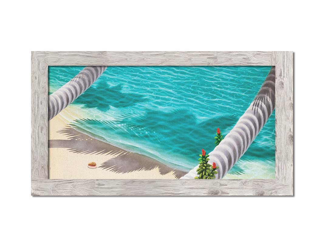 A painting of a white sand beach with growing palm trees and a singular conch shell. Printed on canvas and framed.