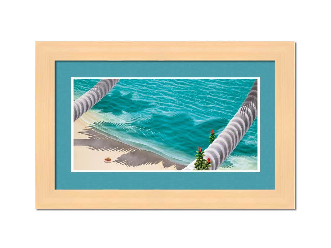 A painting of a white sand beach with growing palm trees and a singular conch shell. Printed on paper, matted, and framed.