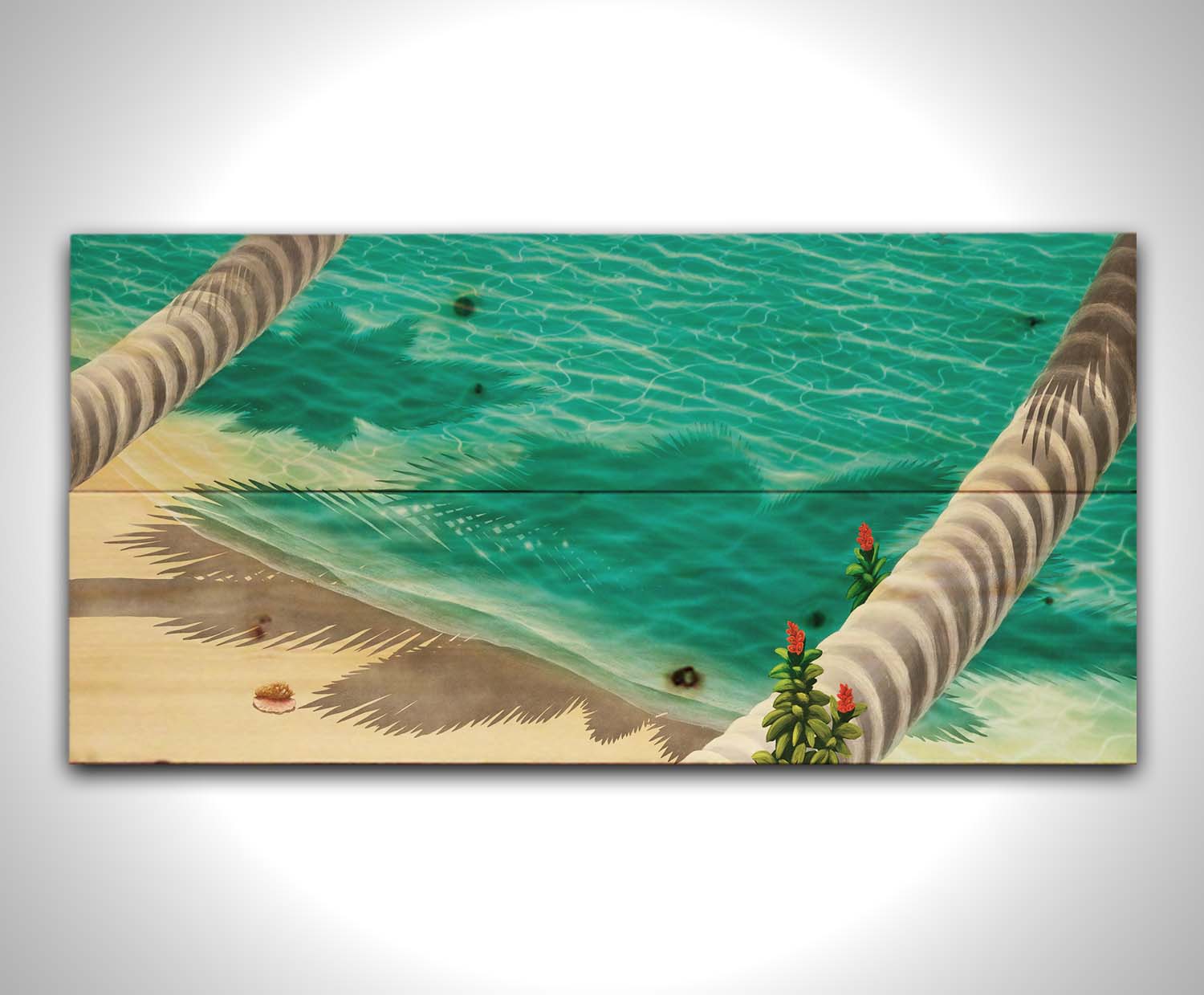 A painting of a white sand beach with growing palm trees and a singular conch shell. Printed on a wood pallet.