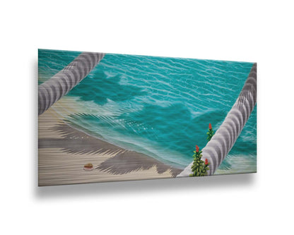 A painting of a white sand beach with growing palm trees and a singular conch shell. Printed on metal.