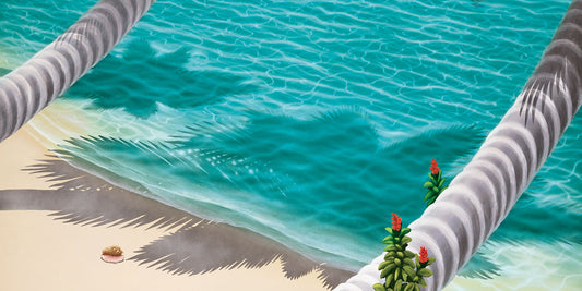 A painting of a white sand beach with growing palm trees and a singular conch shell.