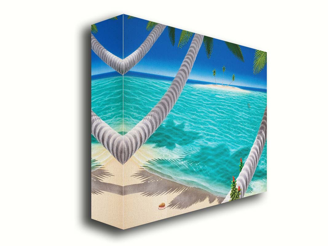 A painting of a white sand beach with growing palm trees and conch shells. Sea turtles swim through the clear blue waters. An island can be seen just across the shallows. Printed on canvas.