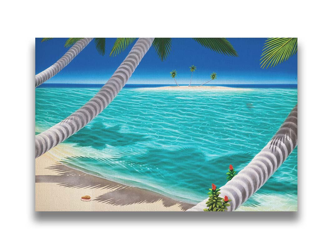 A painting of a white sand beach with growing palm trees and conch shells. Sea turtles swim through the clear blue waters. An island can be seen just across the shallows. Printed on canvas.