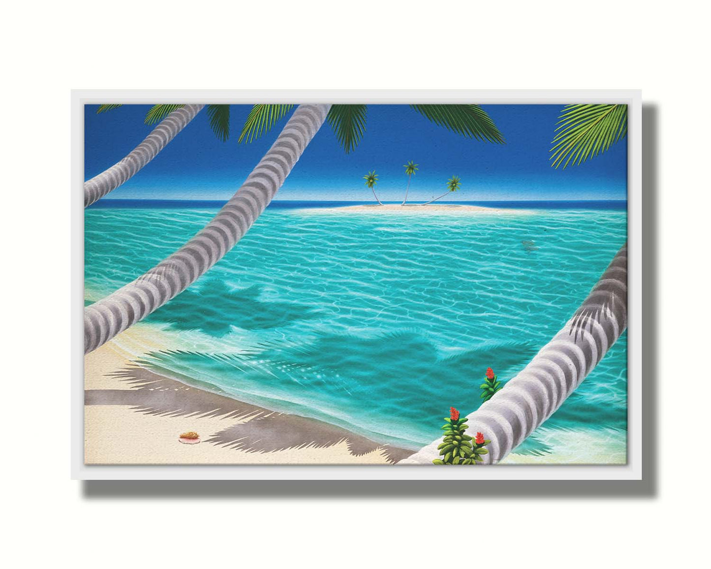 A painting of a white sand beach with growing palm trees and conch shells. Sea turtles swim through the clear blue waters. An island can be seen just across the shallows. Printed on canvas in a float frame.