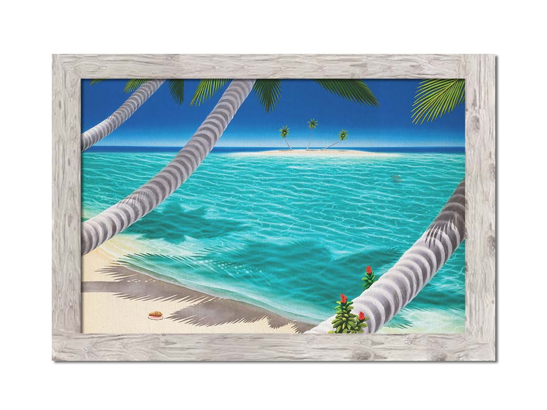 A painting of a white sand beach with growing palm trees and conch shells. Sea turtles swim through the clear blue waters. An island can be seen just across the shallows. Printed on canvas and framed.