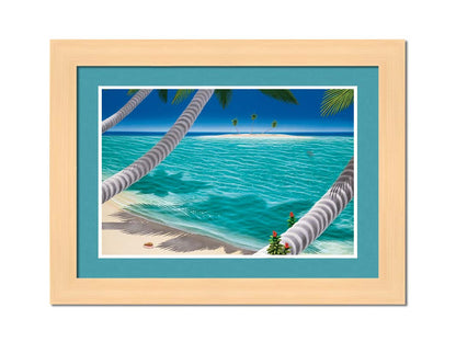 A painting of a white sand beach with growing palm trees and conch shells. Sea turtles swim through the clear blue waters. An island can be seen just across the shallows. Printed on paper, matted, and framed.