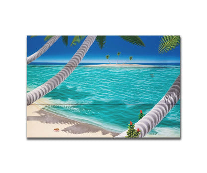 A painting of a white sand beach with growing palm trees and conch shells. Sea turtles swim through the clear blue waters. An island can be seen just across the shallows. Printed on a box board.