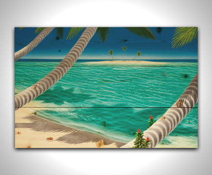 A painting of a white sand beach with growing palm trees and conch shells. Sea turtles swim through the clear blue waters. An island can be seen just across the shallows. Printed on a wood pallet.