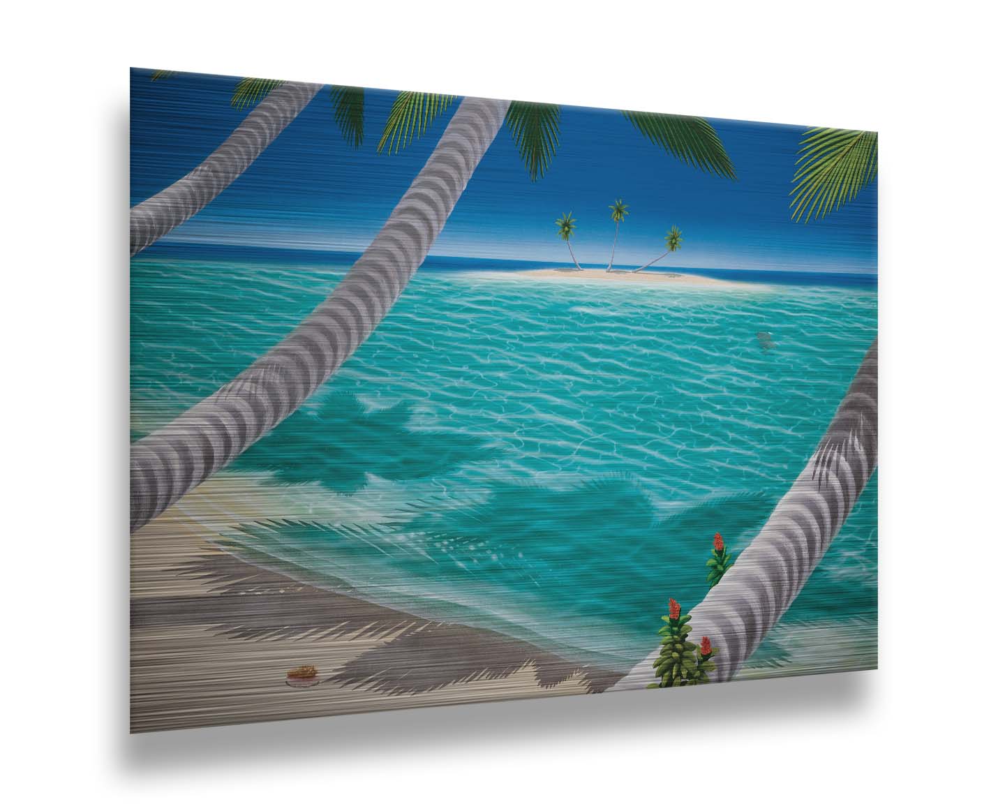 A painting of a white sand beach with growing palm trees and conch shells. Sea turtles swim through the clear blue waters. An island can be seen just across the shallows. Printed on metal.