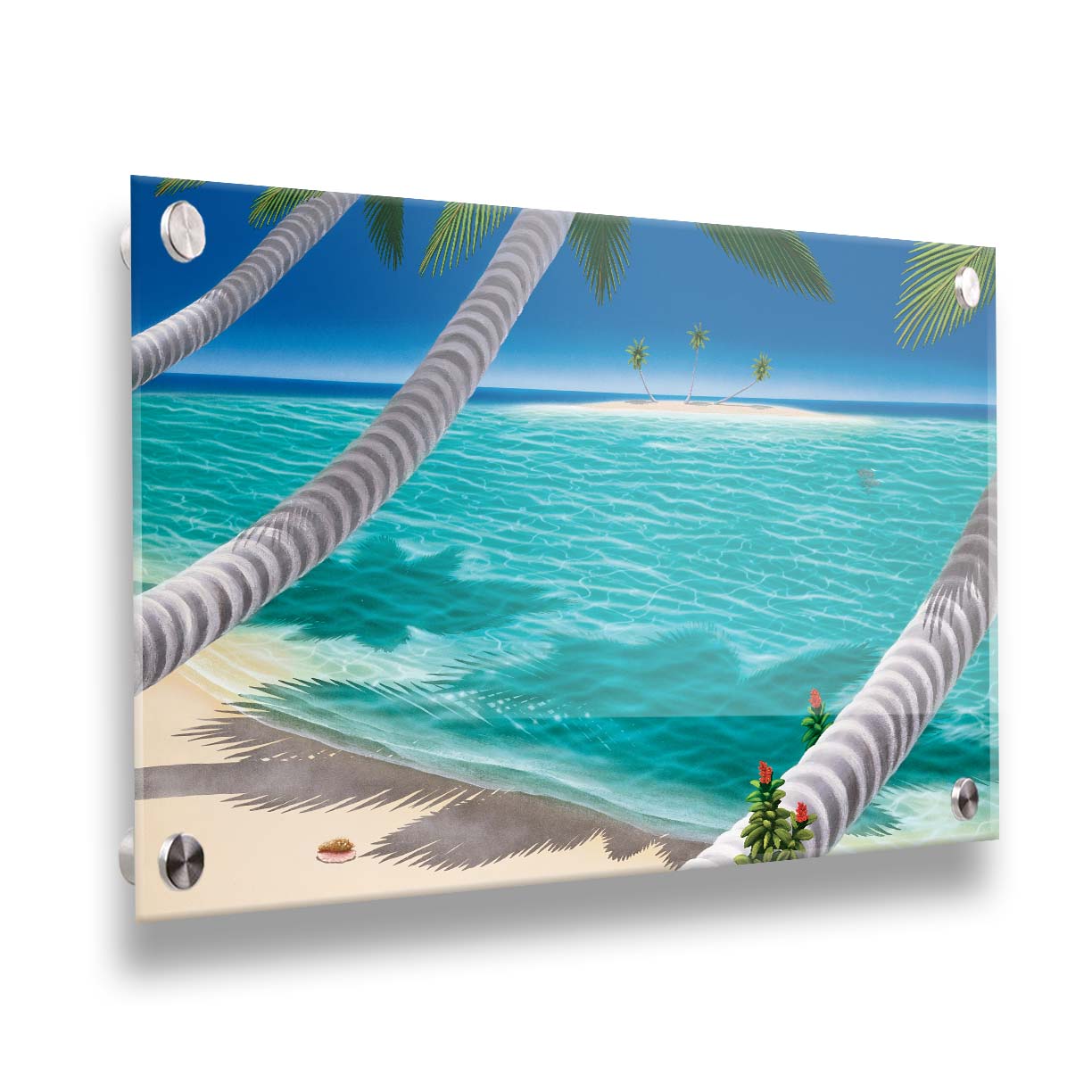 A painting of a white sand beach with growing palm trees and conch shells. Sea turtles swim through the clear blue waters. An island can be seen just across the shallows. Printed on acrylic.