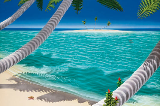 A painting of a white sand beach with growing palm trees and conch shells. Sea turtles swim through the clear blue waters. An island can be seen just across the shallows.
