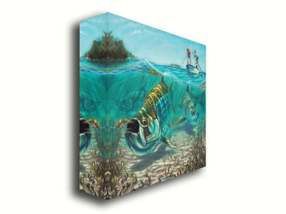 A painting of a school of tarpon in shallow waters chasing a fishing lure, as fisherman in a small boat reel the line behind them. Printed on canvas.