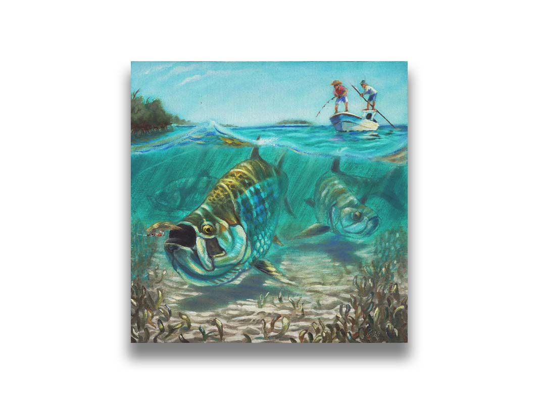 A painting of a school of tarpon in shallow waters chasing a fishing lure, as fisherman in a small boat reel the line behind them. Printed on canvas.