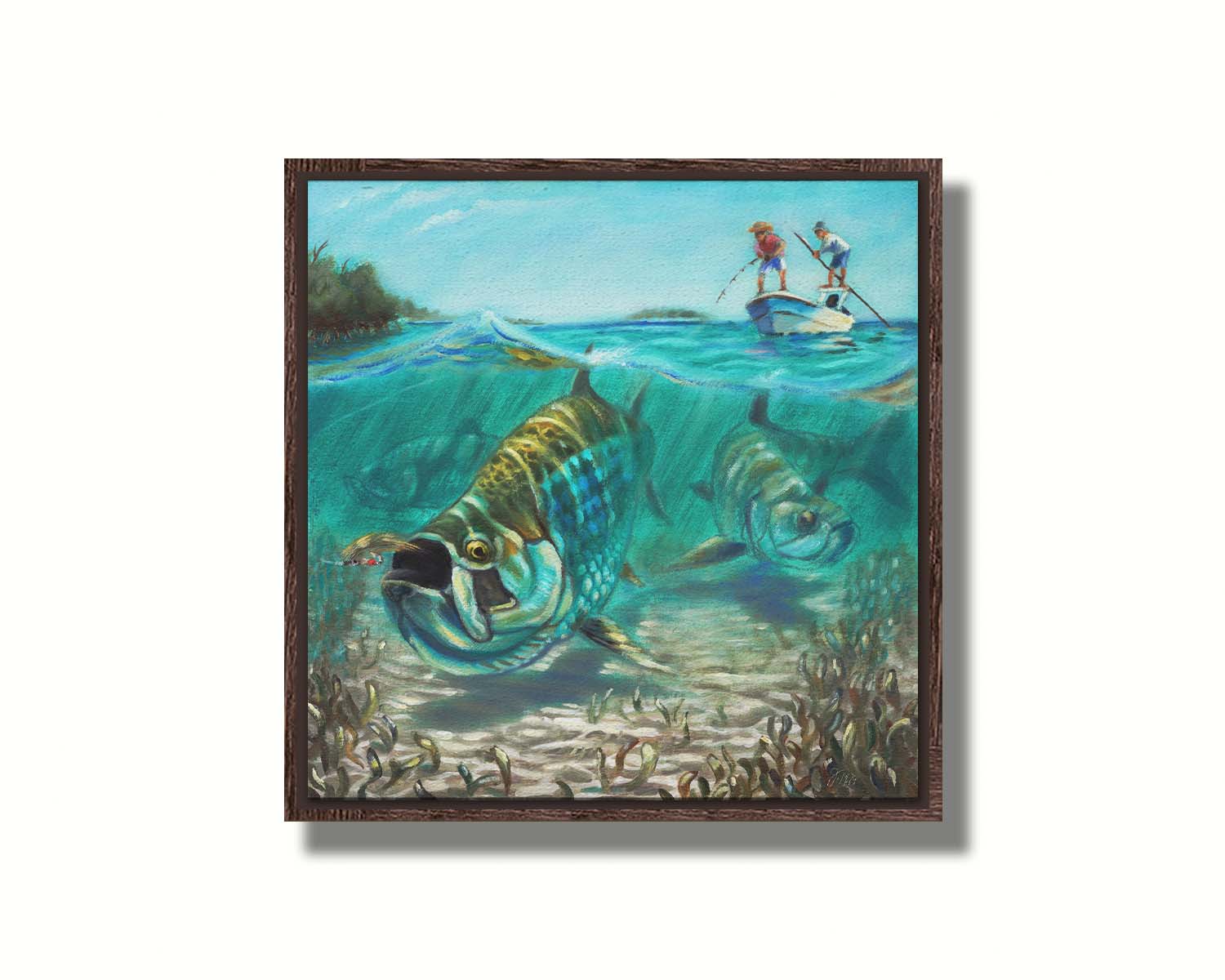 A painting of a school of tarpon in shallow waters chasing a fishing lure, as fisherman in a small boat reel the line behind them. Printed on canvas in a float frame.