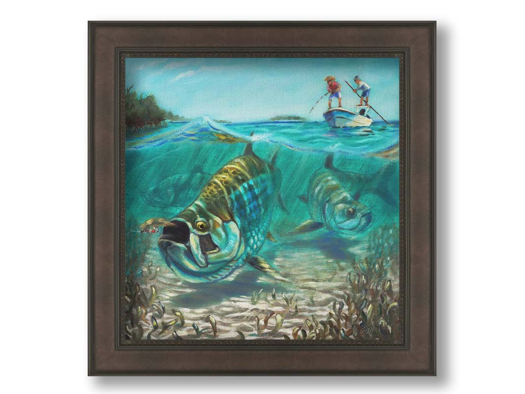 A painting of a school of tarpon in shallow waters chasing a fishing lure, as fisherman in a small boat reel the line behind them. Printed on canvas and framed.