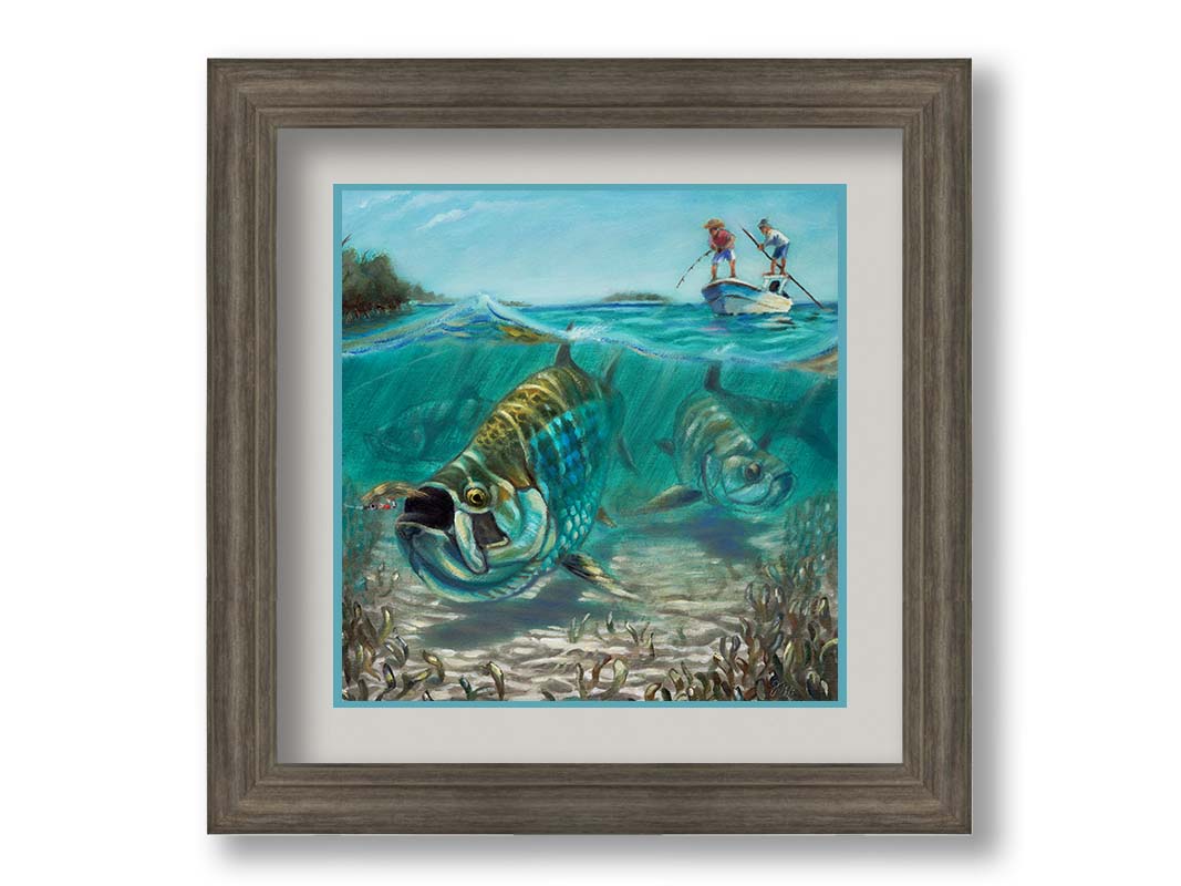 A painting of a school of tarpon in shallow waters chasing a fishing lure, as fisherman in a small boat reel the line behind them. Printed on paper, matted, and framed.