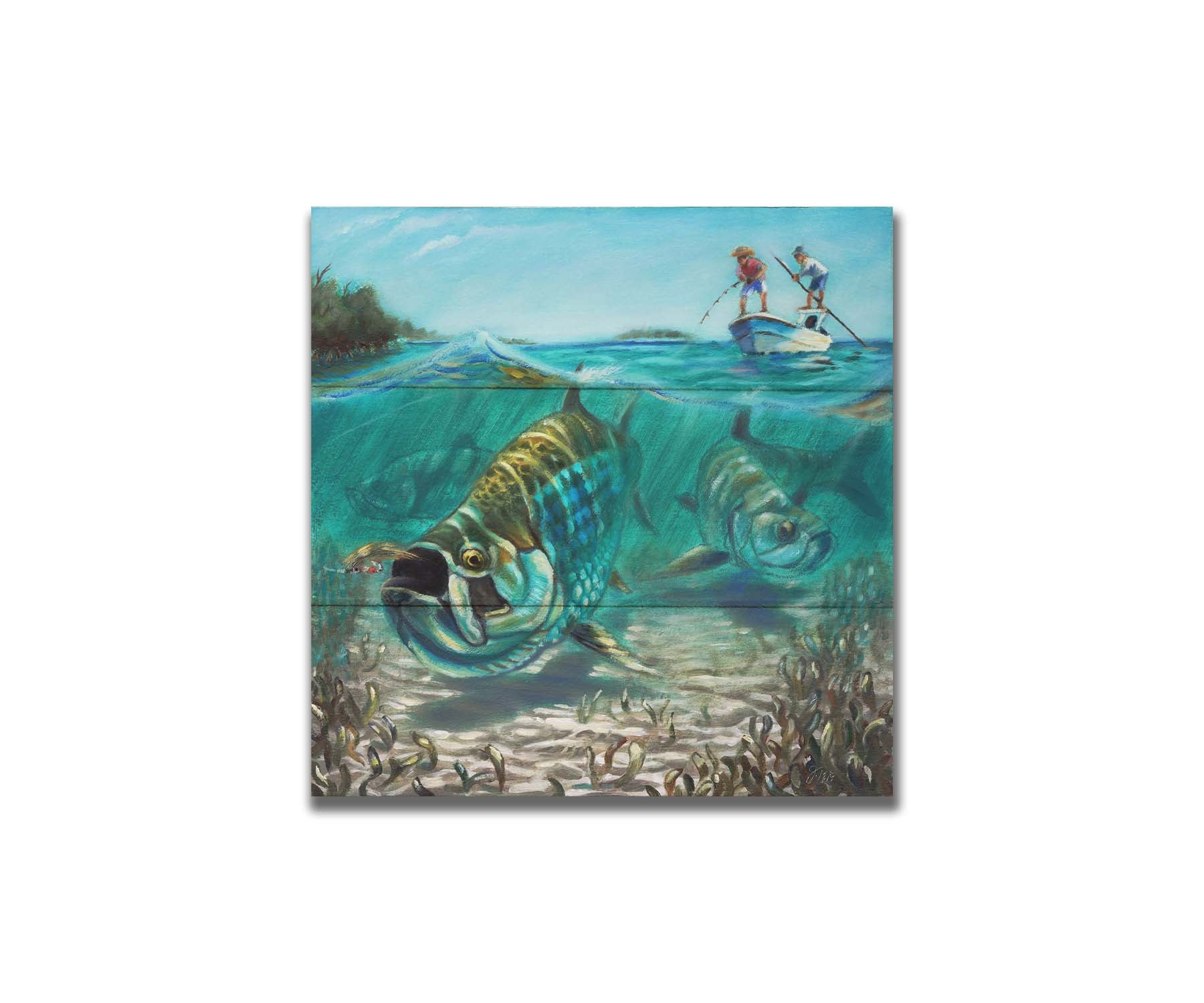 A painting of a school of tarpon in shallow waters chasing a fishing lure, as fisherman in a small boat reel the line behind them. Printed on a box board.