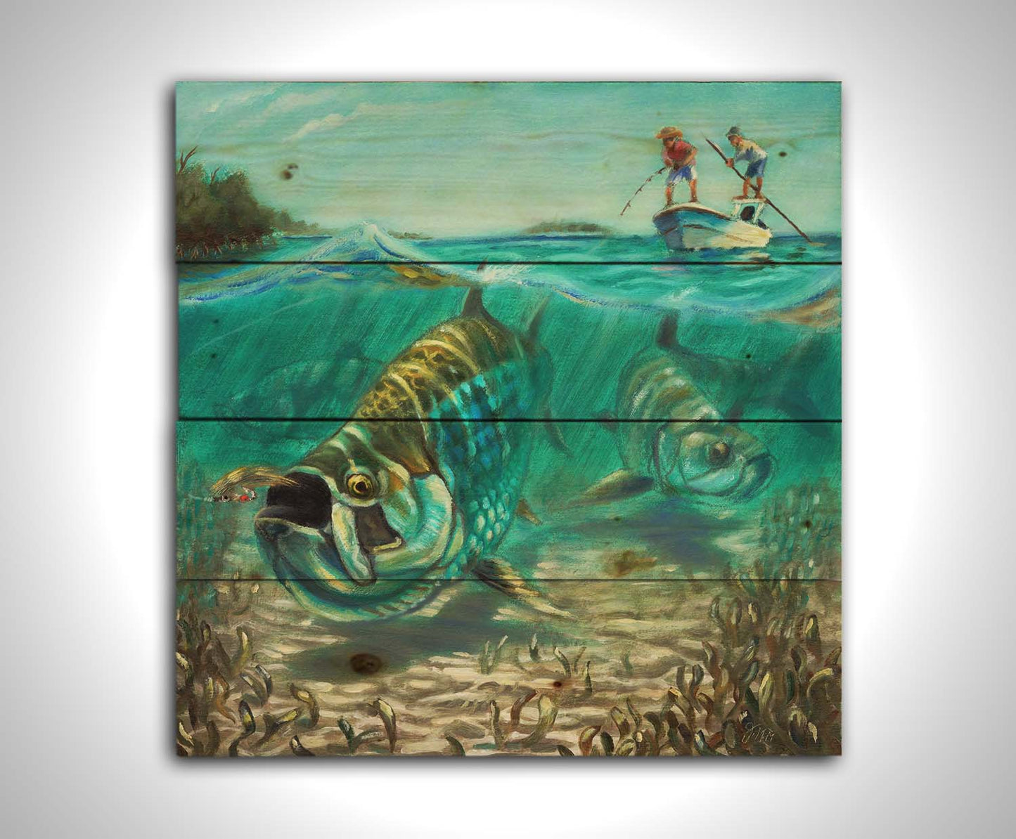 A painting of a school of tarpon in shallow waters chasing a fishing lure, as fisherman in a small boat reel the line behind them. Printed on a wood pallet.