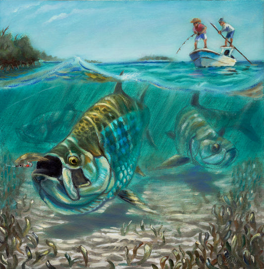 A painting of a school of tarpon in shallow waters chasing a fishing lure, as fisherman in a small boat reel the line behind them.