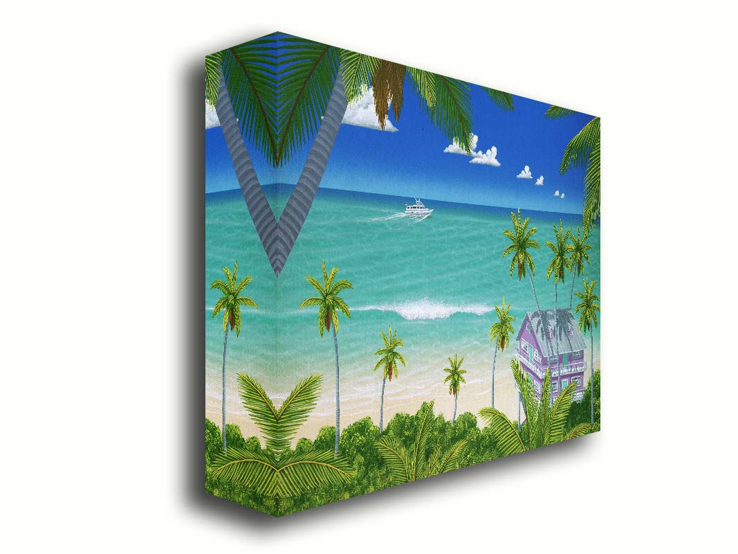 A vibrant painting of a lavender house with a stilt foundation built on a white sand beach. Lush island foliage surrounds it, including tall palms. The sea before it is calm and bright blue, and a white fishing boat sails in the distance. Printed on canvas.