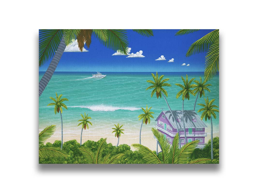 A vibrant painting of a lavender house with a stilt foundation built on a white sand beach. Lush island foliage surrounds it, including tall palms. The sea before it is calm and bright blue, and a white fishing boat sails in the distance. Printed on canvas.