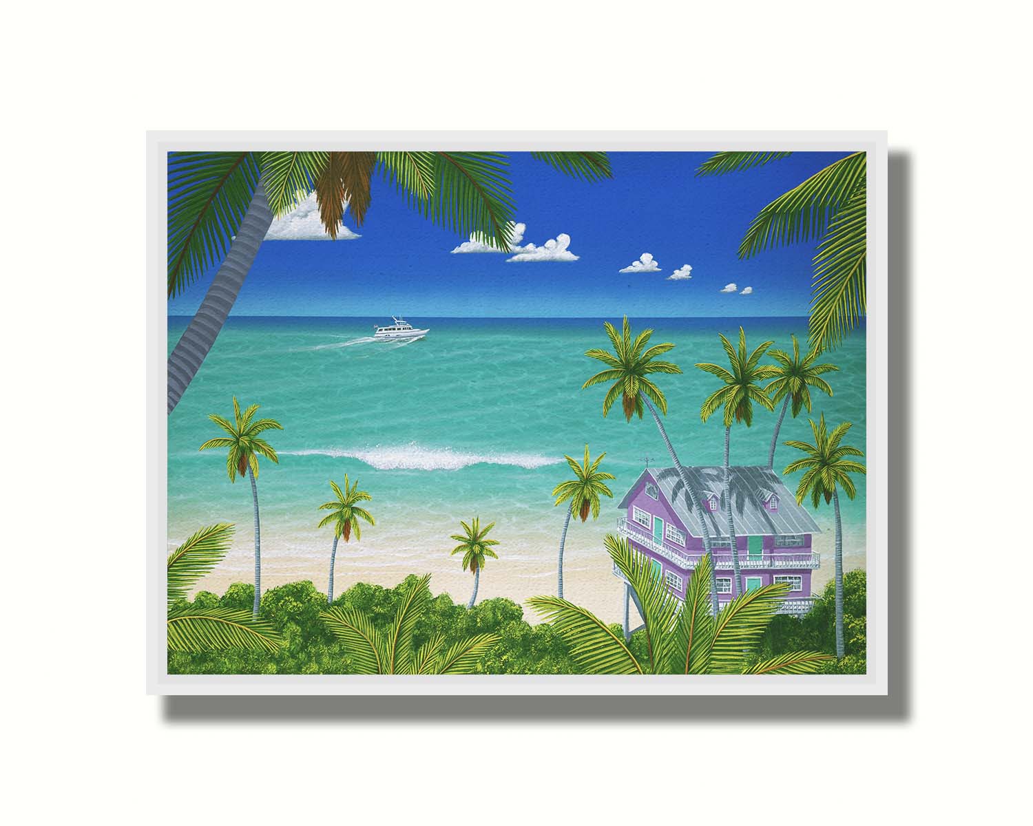 A vibrant painting of a lavender house with a stilt foundation built on a white sand beach. Lush island foliage surrounds it, including tall palms. The sea before it is calm and bright blue, and a white fishing boat sails in the distance. Printed on canvas in a float frame.