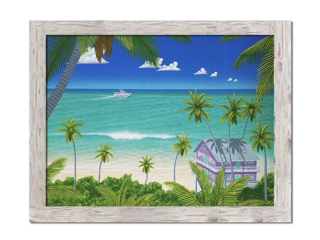 A vibrant painting of a lavender house with a stilt foundation built on a white sand beach. Lush island foliage surrounds it, including tall palms. The sea before it is calm and bright blue, and a white fishing boat sails in the distance. Printed on canvas and framed.