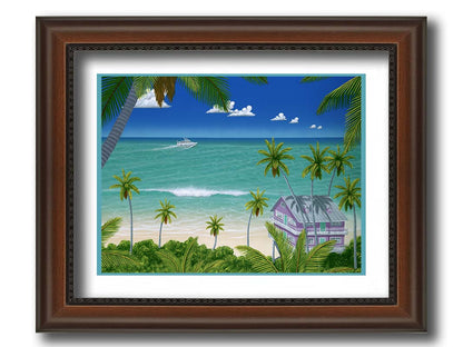 A vibrant painting of a lavender house with a stilt foundation built on a white sand beach. Lush island foliage surrounds it, including tall palms. The sea before it is calm and bright blue, and a white fishing boat sails in the distance. Printed on paper, matted, and framed.