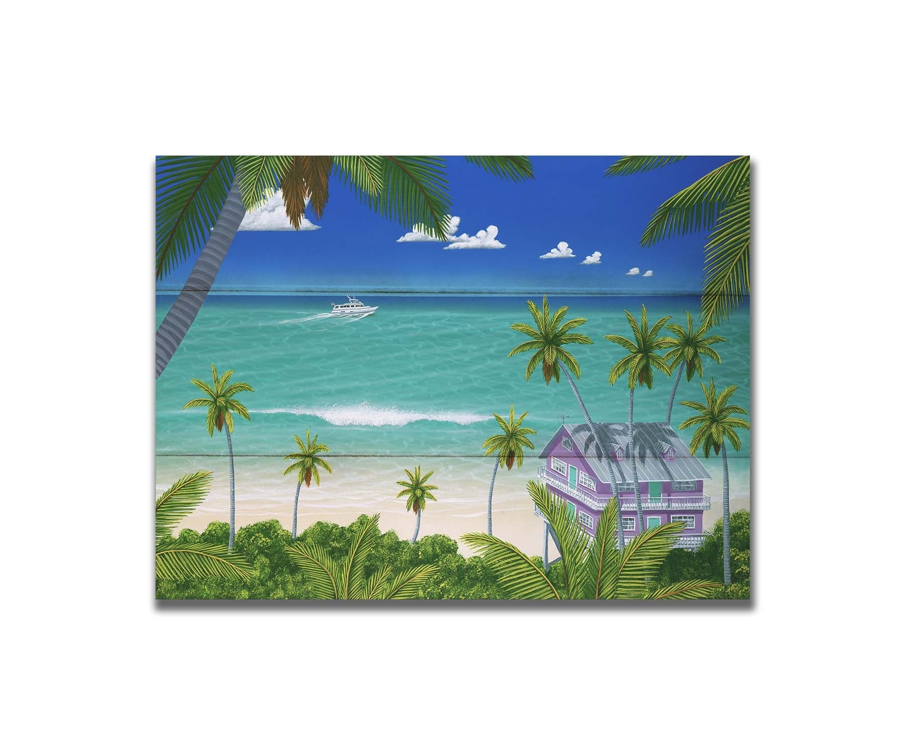 A vibrant painting of a lavender house with a stilt foundation built on a white sand beach. Lush island foliage surrounds it, including tall palms. The sea before it is calm and bright blue, and a white fishing boat sails in the distance. Printed on a box baord.