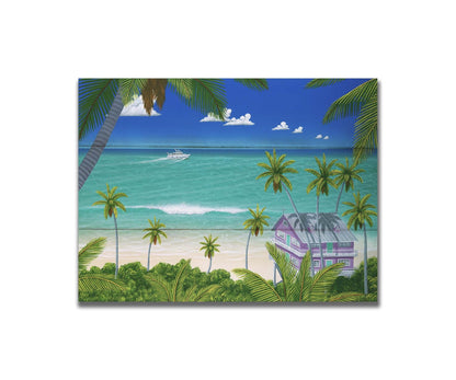 A vibrant painting of a lavender house with a stilt foundation built on a white sand beach. Lush island foliage surrounds it, including tall palms. The sea before it is calm and bright blue, and a white fishing boat sails in the distance. Printed on a box baord.