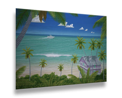 A vibrant painting of a lavender house with a stilt foundation built on a white sand beach. Lush island foliage surrounds it, including tall palms. The sea before it is calm and bright blue, and a white fishing boat sails in the distance. Printed on metal.