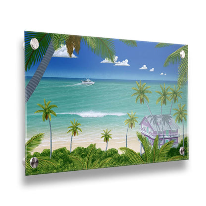 A vibrant painting of a lavender house with a stilt foundation built on a white sand beach. Lush island foliage surrounds it, including tall palms. The sea before it is calm and bright blue, and a white fishing boat sails in the distance. Printed on acrylic.