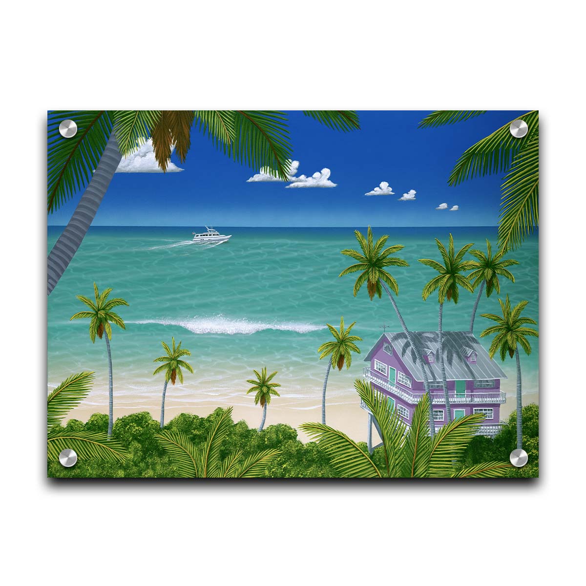 A vibrant painting of a lavender house with a stilt foundation built on a white sand beach. Lush island foliage surrounds it, including tall palms. The sea before it is calm and bright blue, and a white fishing boat sails in the distance. Printed on acrylic.