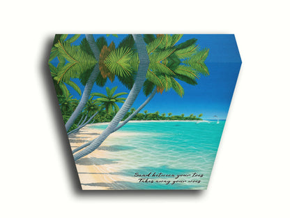 A vibrant painting of a landscape beach scene, with leaning palm trees and clear waters. Leaping dolphins swim in the distance, approaching the shore. Printed on canvas.