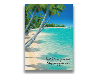 A vibrant painting of a landscape beach scene, with leaning palm trees and clear waters. Leaping dolphins swim in the distance, approaching the shore. Printed on canvas.