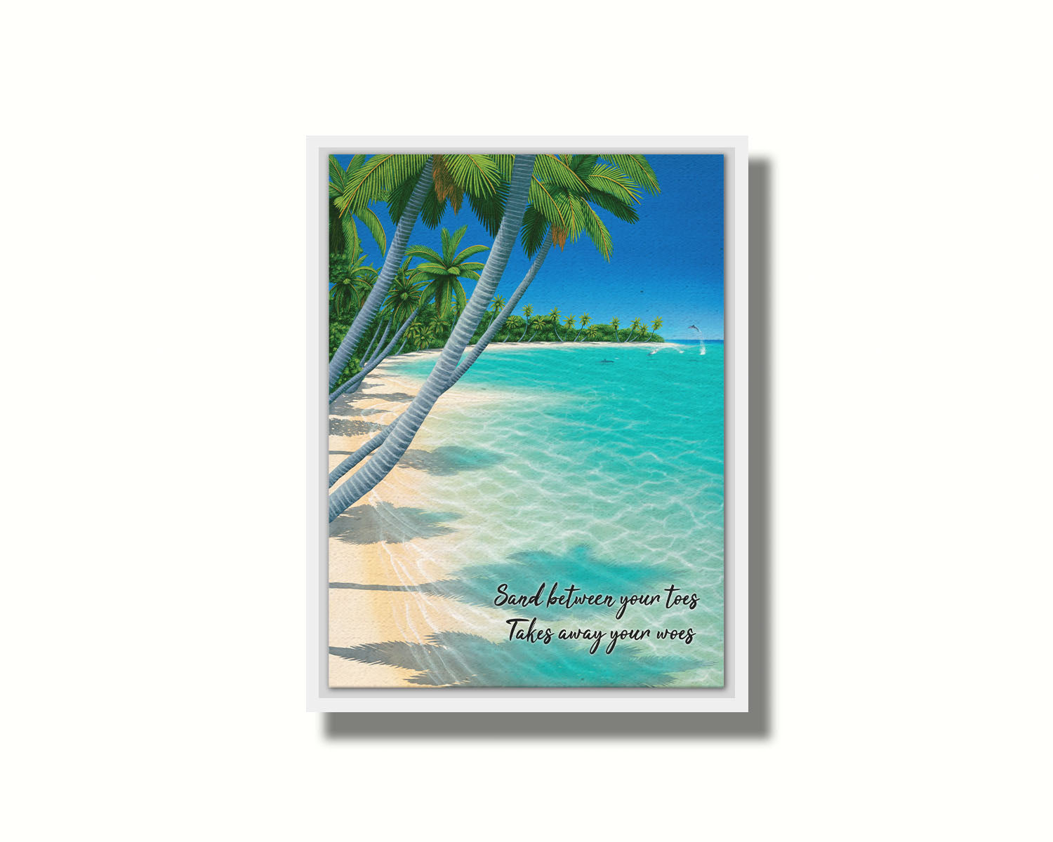 A vibrant painting of a landscape beach scene, with leaning palm trees and clear waters. Leaping dolphins swim in the distance, approaching the shore. Printed on canvas in a float frame.