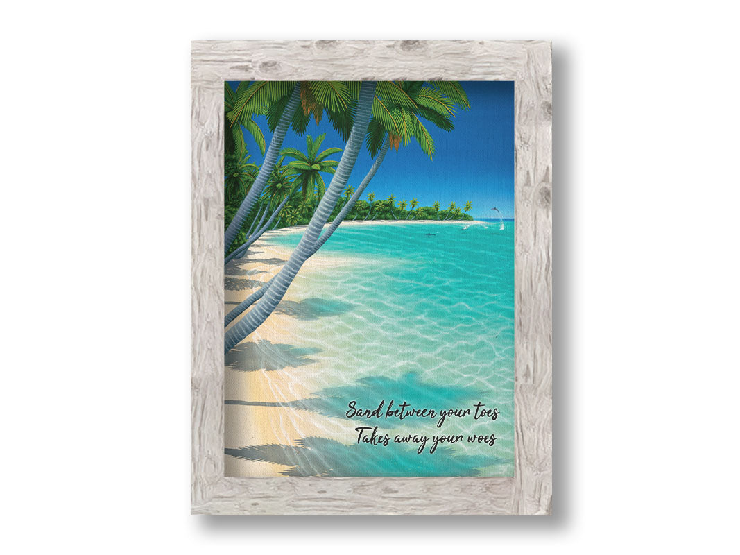 A vibrant painting of a landscape beach scene, with leaning palm trees and clear waters. Leaping dolphins swim in the distance, approaching the shore. Printed on canvas and framed.