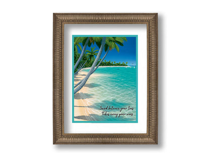 A vibrant painting of a landscape beach scene, with leaning palm trees and clear waters. Leaping dolphins swim in the distance, approaching the shore. Printed on paper, matted, and framed.