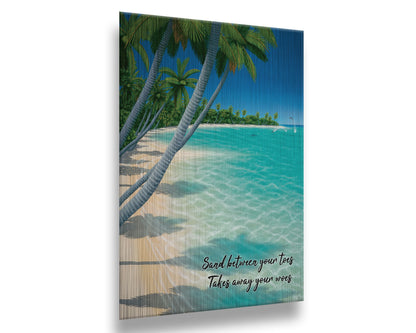 A vibrant painting of a landscape beach scene, with leaning palm trees and clear waters. Leaping dolphins swim in the distance, approaching the shore. Printed on metal.