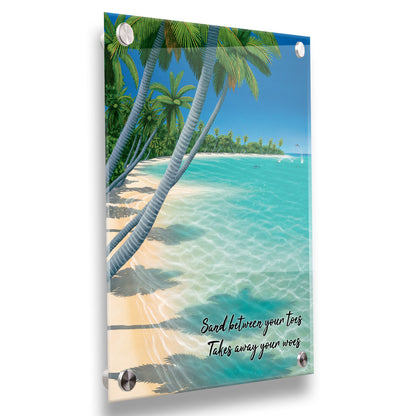 A vibrant painting of a landscape beach scene, with leaning palm trees and clear waters. Leaping dolphins swim in the distance, approaching the shore. Printed on acrylic.