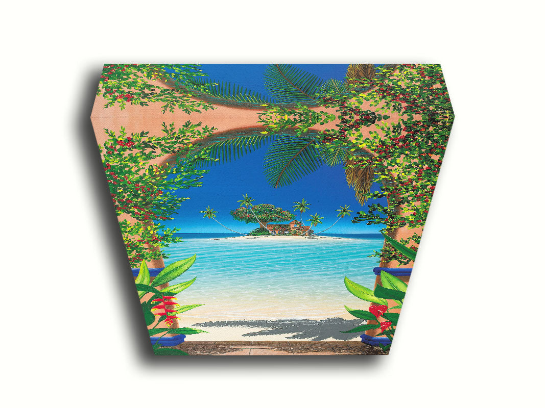 This landscape painting depicts a view through an archway facing the sea, with a sandy island and arched house in the center. Tropical plants bloom all around. Printed on canvas.