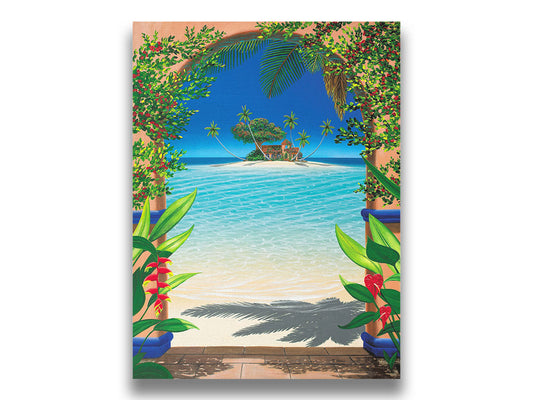 This landscape painting depicts a view through an archway facing the sea, with a sandy island and arched house in the center. Tropical plants bloom all around. Printed on canvas.