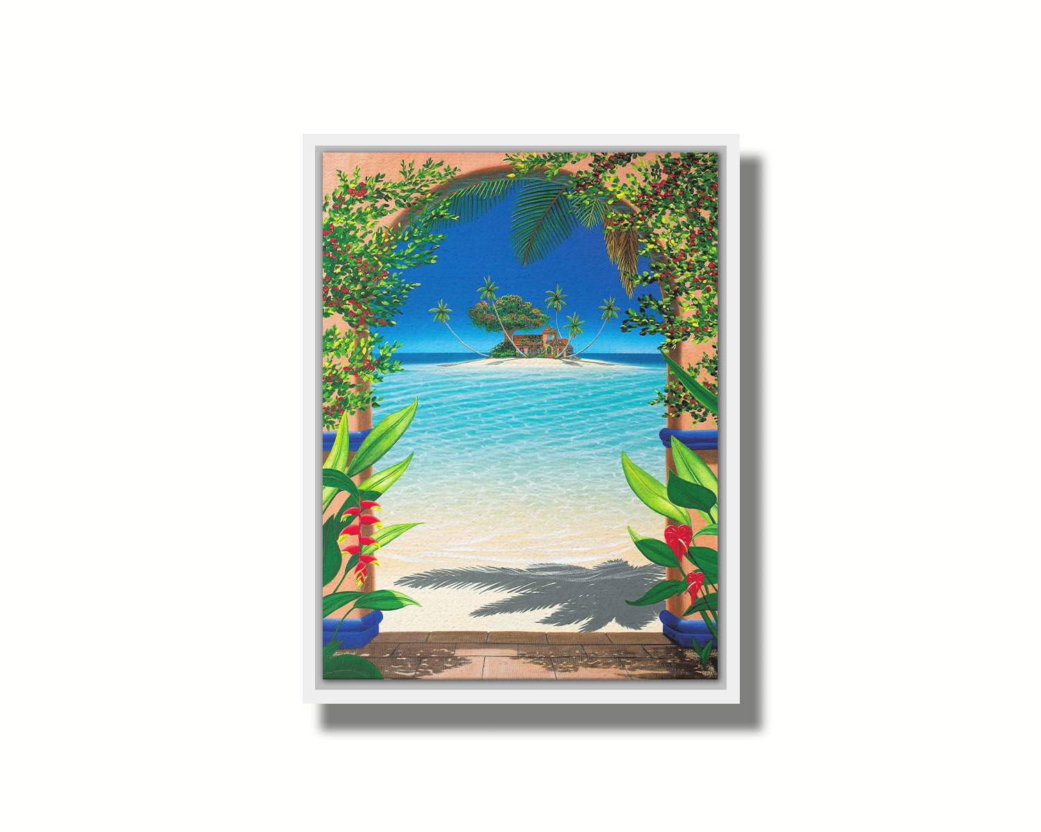 This landscape painting depicts a view through an archway facing the sea, with a sandy island and arched house in the center. Tropical plants bloom all around. Printed on canvas in a float frame.