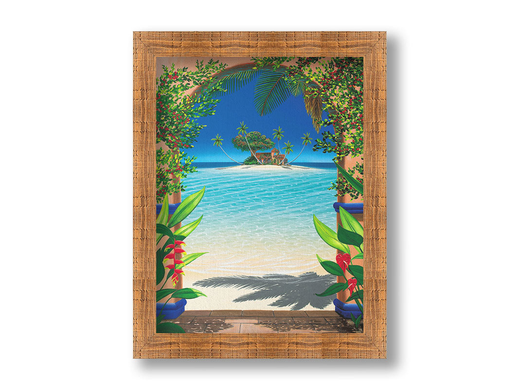 This landscape painting depicts a view through an archway facing the sea, with a sandy island and arched house in the center. Tropical plants bloom all around. Printed on canvas and framed.