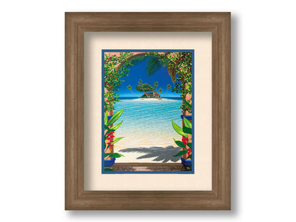 This landscape painting depicts a view through an archway facing the sea, with a sandy island and arched house in the center. Tropical plants bloom all around. Printed on paper, matted, and framed.