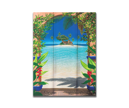 This landscape painting depicts a view through an archway facing the sea, with a sandy island and arched house in the center. Tropical plants bloom all around. Printed on a box board.