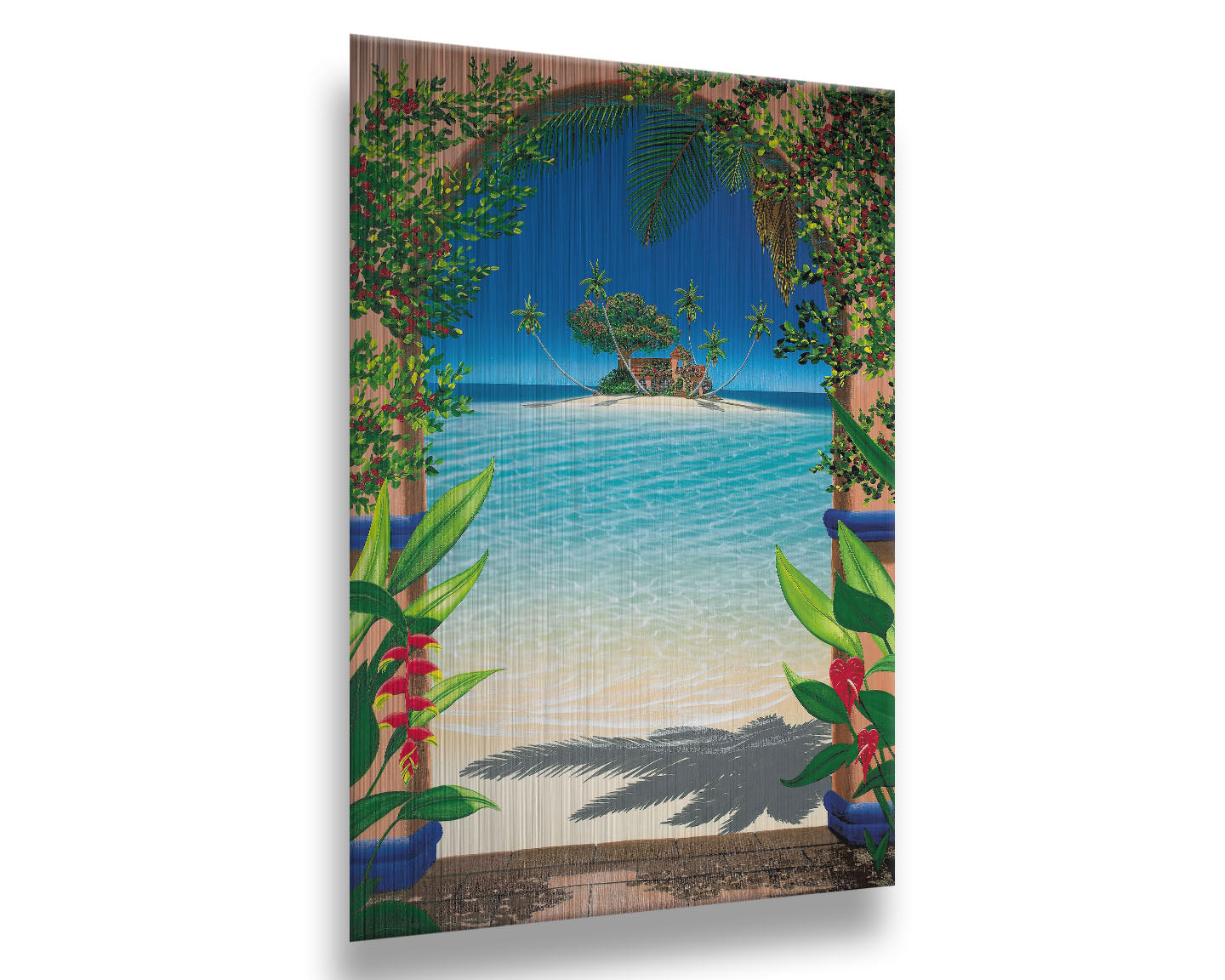 This landscape painting depicts a view through an archway facing the sea, with a sandy island and arched house in the center. Tropical plants bloom all around. Printed on metal.