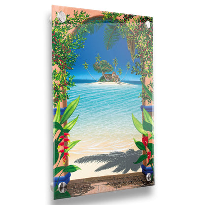 This landscape painting depicts a view through an archway facing the sea, with a sandy island and arched house in the center. Tropical plants bloom all around. Printed on acrylic.