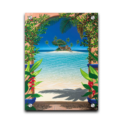 This landscape painting depicts a view through an archway facing the sea, with a sandy island and arched house in the center. Tropical plants bloom all around. Printed on acrylic.